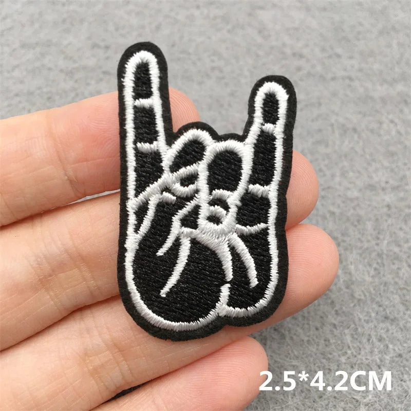 Black and white rock music embroidered patches featuring a rock on hand sign for clothes stickers diy on jackets jeans headset