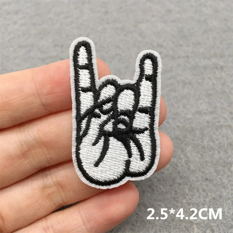 White music embroidered patch with black rocker hand gesture stitched for jacket jeans headset and clothes stickers diy
