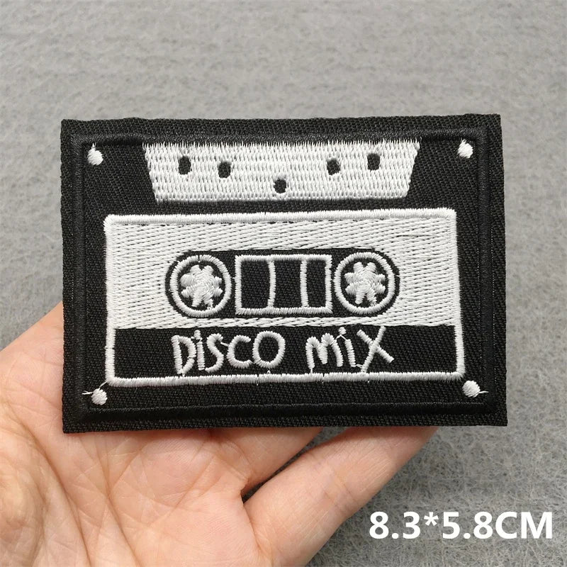 Black and white music embroidered patches shaped like cassette tape with disco mix silver stitching for jacket jeans headset