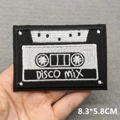 Black and white music embroidered patches shaped like cassette tape with disco mix silver stitching for jacket jeans headset