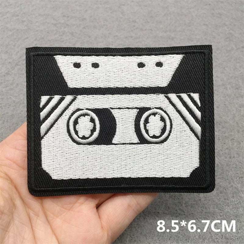 Black and white cassette tape music embroidered patches for clothes stickers diy on jacket jeans headset guitar stripe