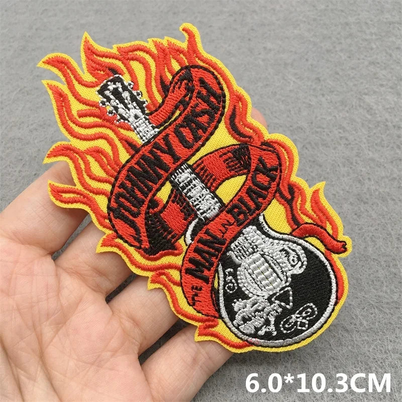 Vibrant red and yellow music embroidered patches featuring a flaming guitar and johnny cash text for jacket jeans headset