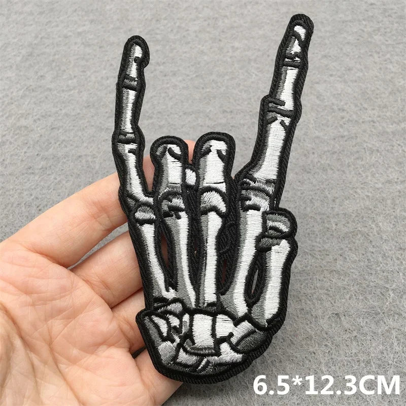 Black and silver skeleton hand rock on sign music embroidered patches for clothes stickers diy on jackets jeans headset
