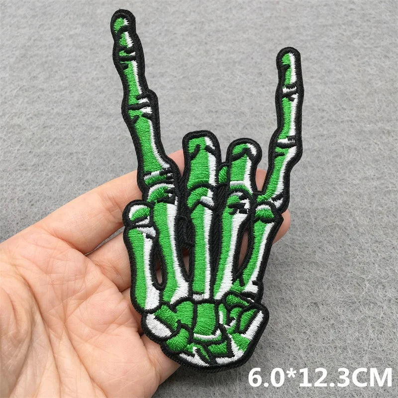 Green and white embroidered skeleton hand music embroidered patches with black outline for jacket jeans headset clothes stickers diy