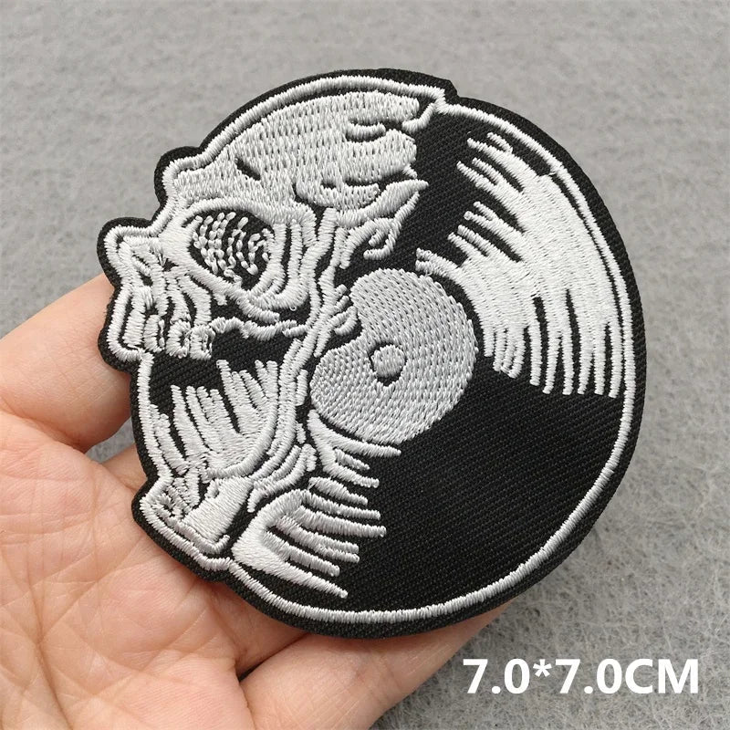 Black and white music embroidered patches with skull and vinyl record design for clothes stickers diy on jacket jeans headset