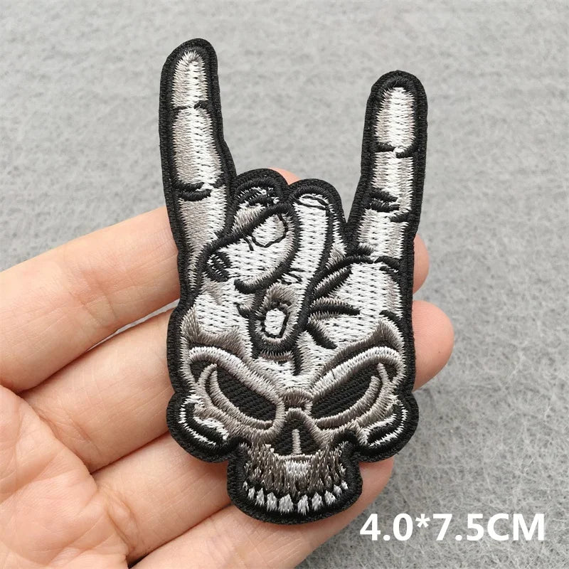 Black and silver skull rock hand gesture music embroidered patches for clothes stickers diy on jacket jeans headset