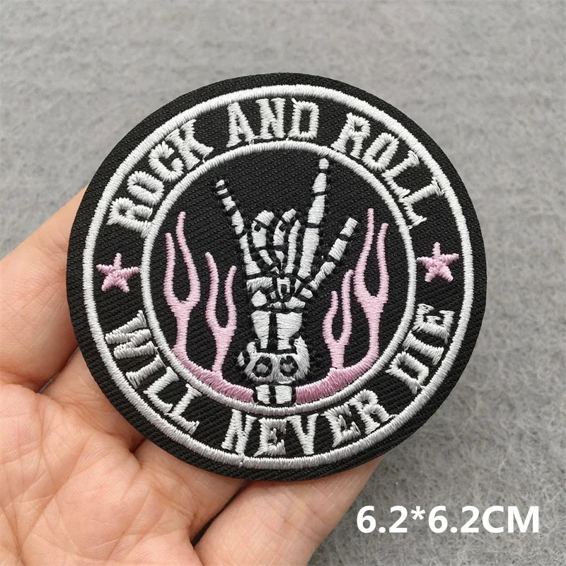 Black circular music embroidered patch with skeleton hand rock and roll design for clothes stickers diy jacket jeans headset