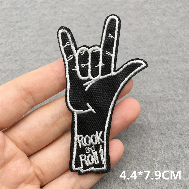 Black embroidered patch with white rock and roll hand sign and text, ideal for jacket jeans headset and clothes stickers diy