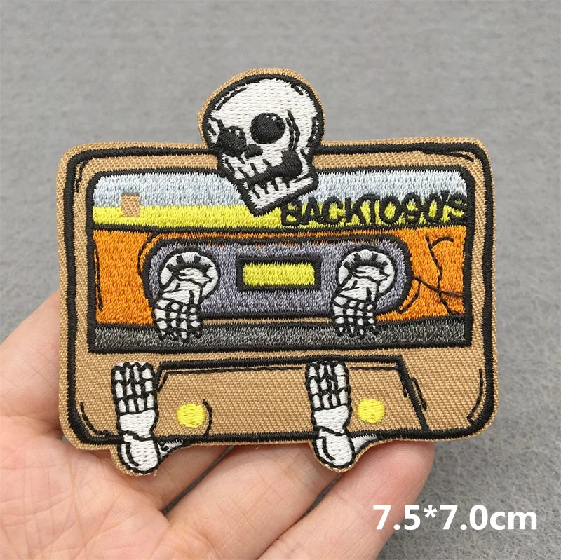 Beige embroidered patch with cartoon cassette and skeleton design for music embroidered patches clothes stickers diy jacket jeans headset