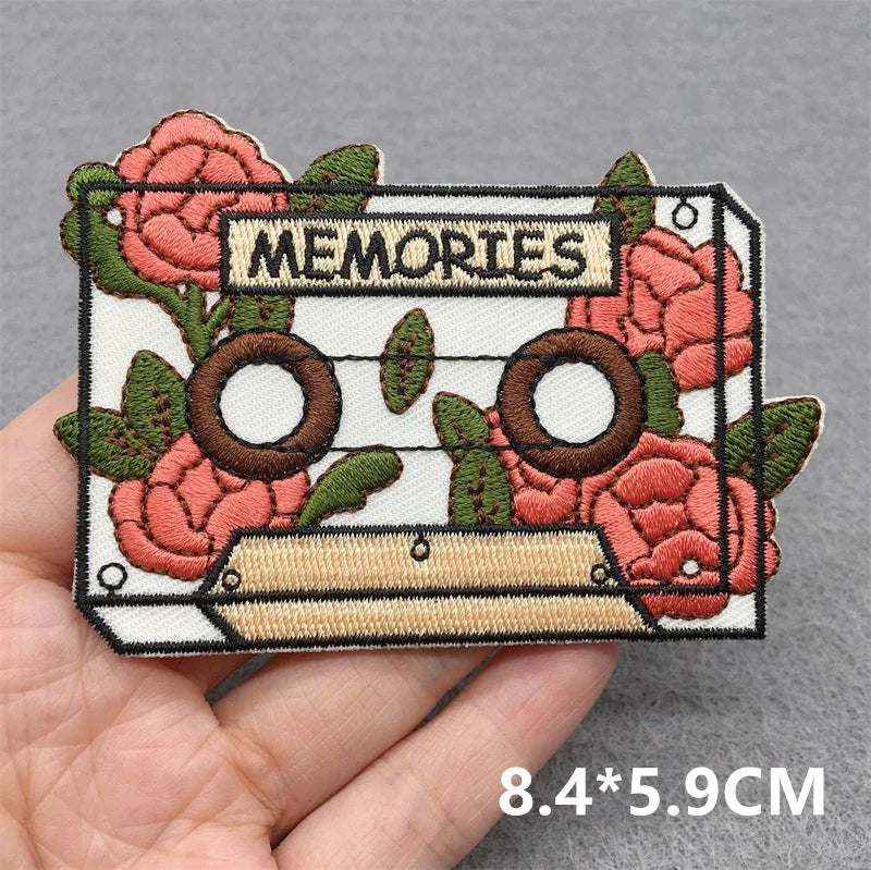 Embroidered music patch shaped like cassette tape with pink roses and memories label for jacket jeans headset clothes stickers diy