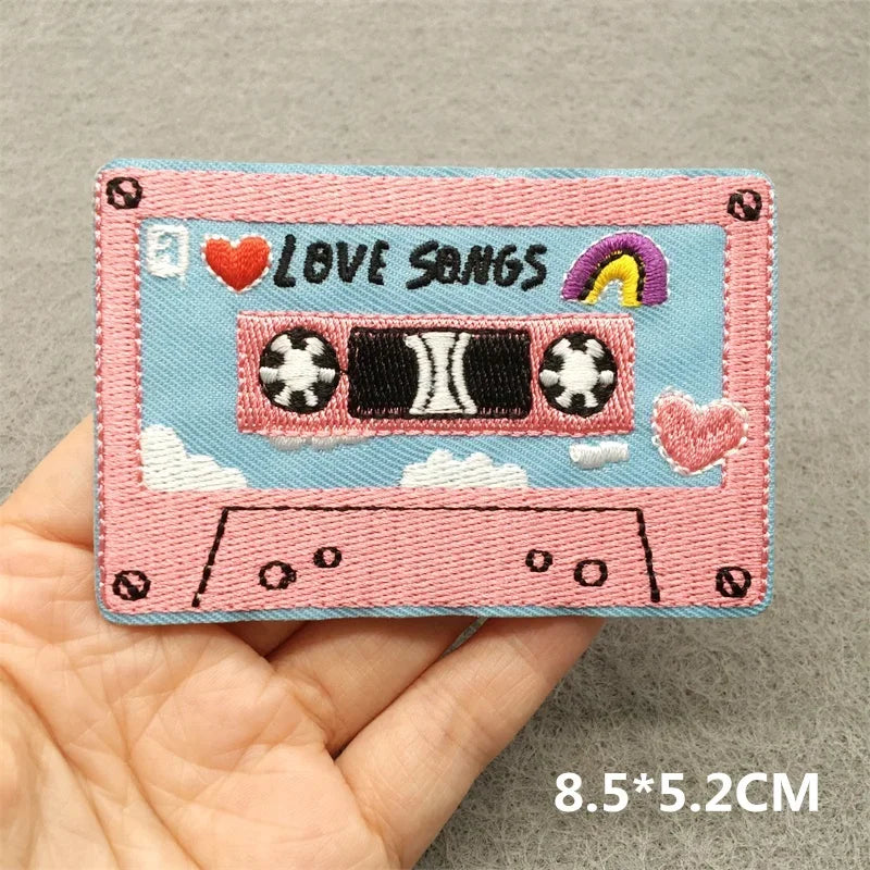 Pink and light blue music embroidered patch shaped like cassette tape with love songs text and rainbow for jacket jeans headset