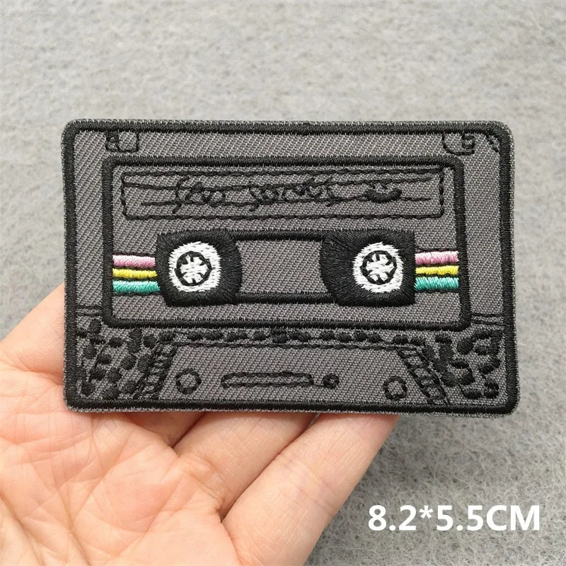 Gray music embroidered patch shaped like a cassette tape with rainbow spools for clothes stickers diy on jacket jeans headset