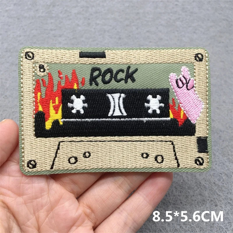 Beige embroidered cassette tape patch with black red yellow flames and rock text for music embroidered patches and clothes stickers diy on jacket jeans headset