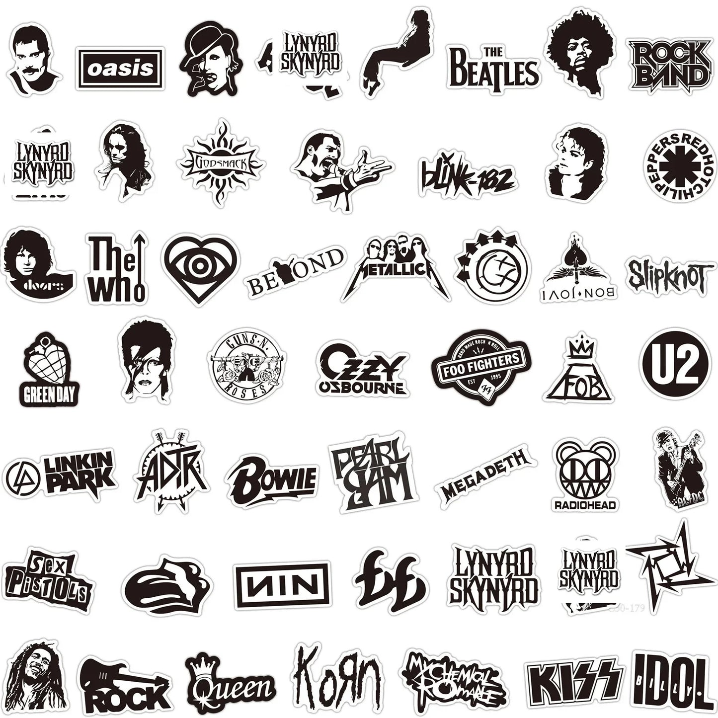 A collection of black and white rock music stickers featuring iconic logos for phone guitar motorcycle skateboard luggage 50pcs