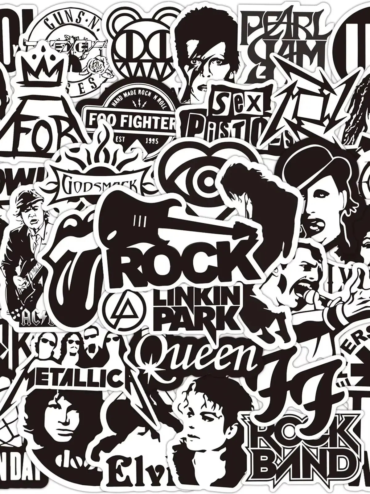 A collection of black fashion band rock music stickers featuring logos for phone guitar motorcycle skateboard luggage 50pcs