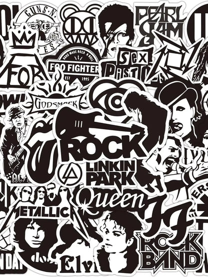 A collection of black fashion band rock music stickers in black and white for phone guitar motorcycle skateboard luggage 50pcs