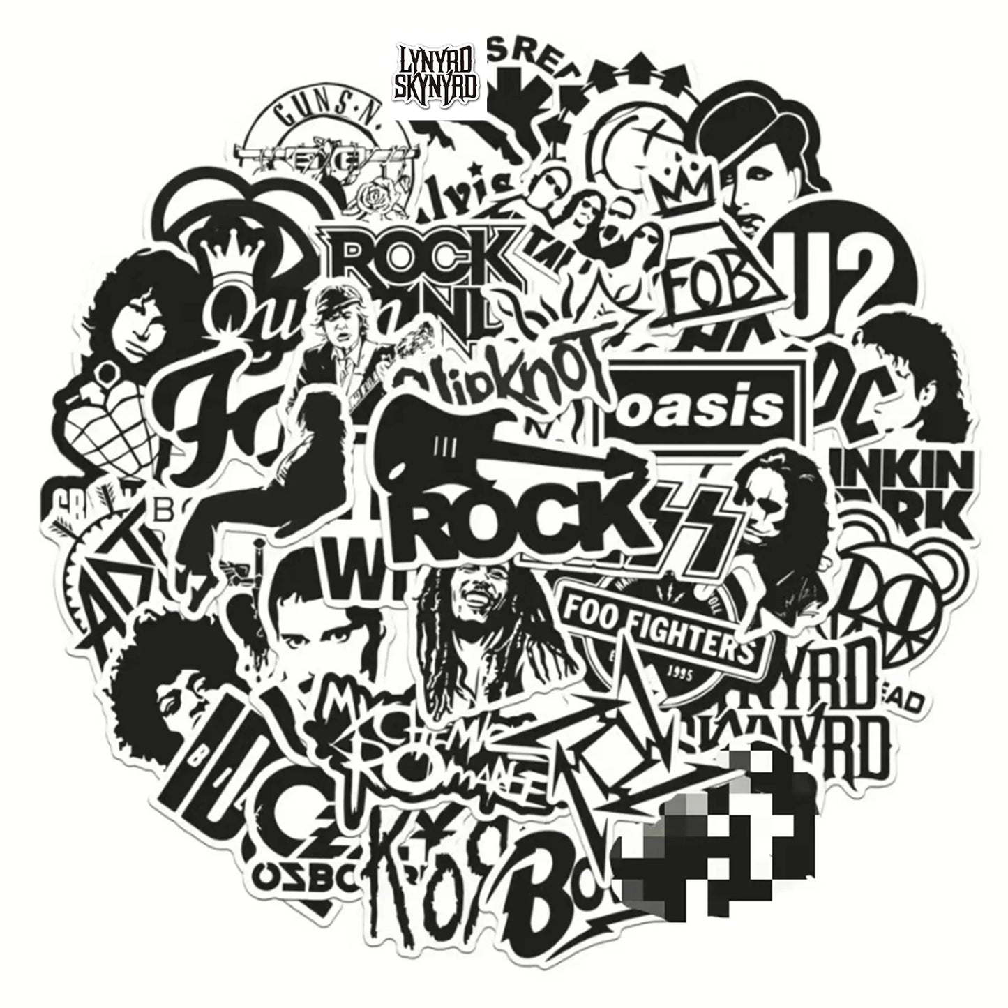 A collection of black and white rock music stickers featuring band logos for phone guitar motorcycle skateboard luggage 50pcs