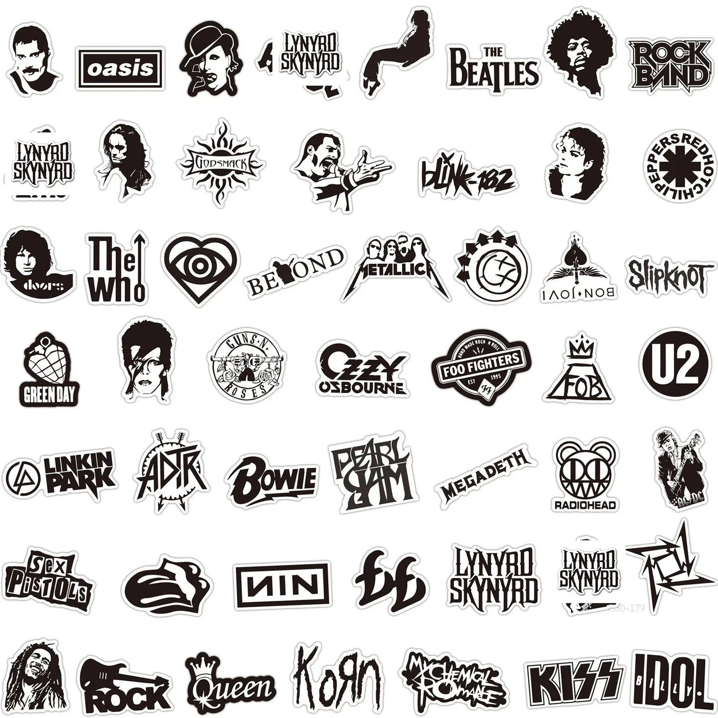 A collection of black fashion band stickers featuring rock logos for phone guitar motorcycle skateboard luggage 50pcs