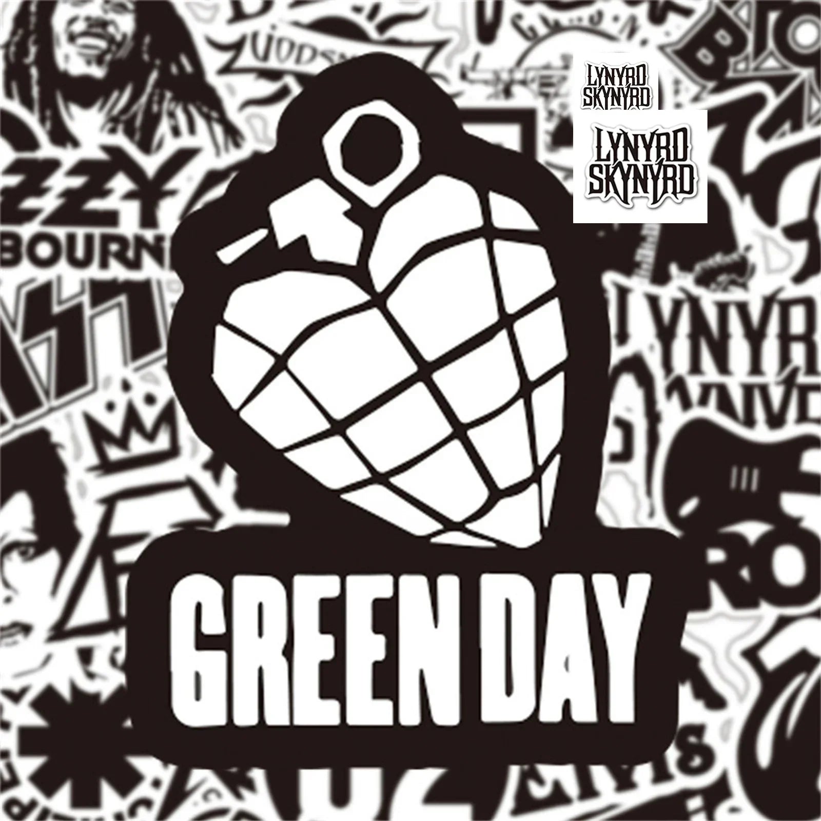 Black and white graphic grenade sticker with green day text for phone guitar motorcycle skateboard luggage 50pcs set