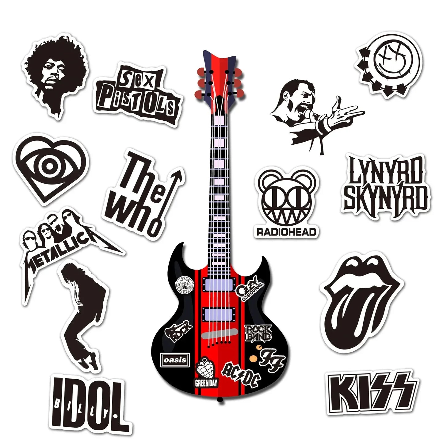 Red and black electric guitar decorated with black fashion band stickers from skateboard luggage 50pcs set for phone guitar motorcycle