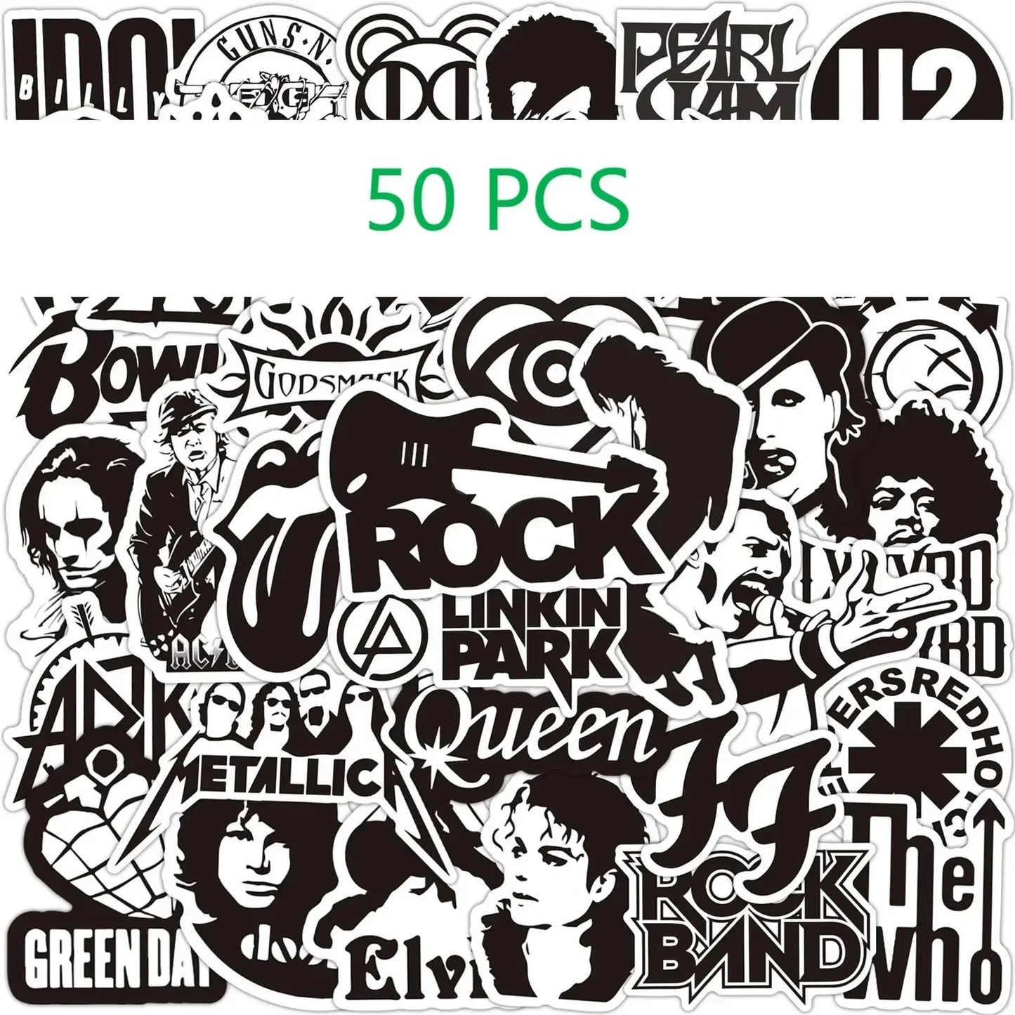 Set of 50 black and white rock music stickers featuring band logos for phone guitar motorcycle skateboard luggage 50pcs