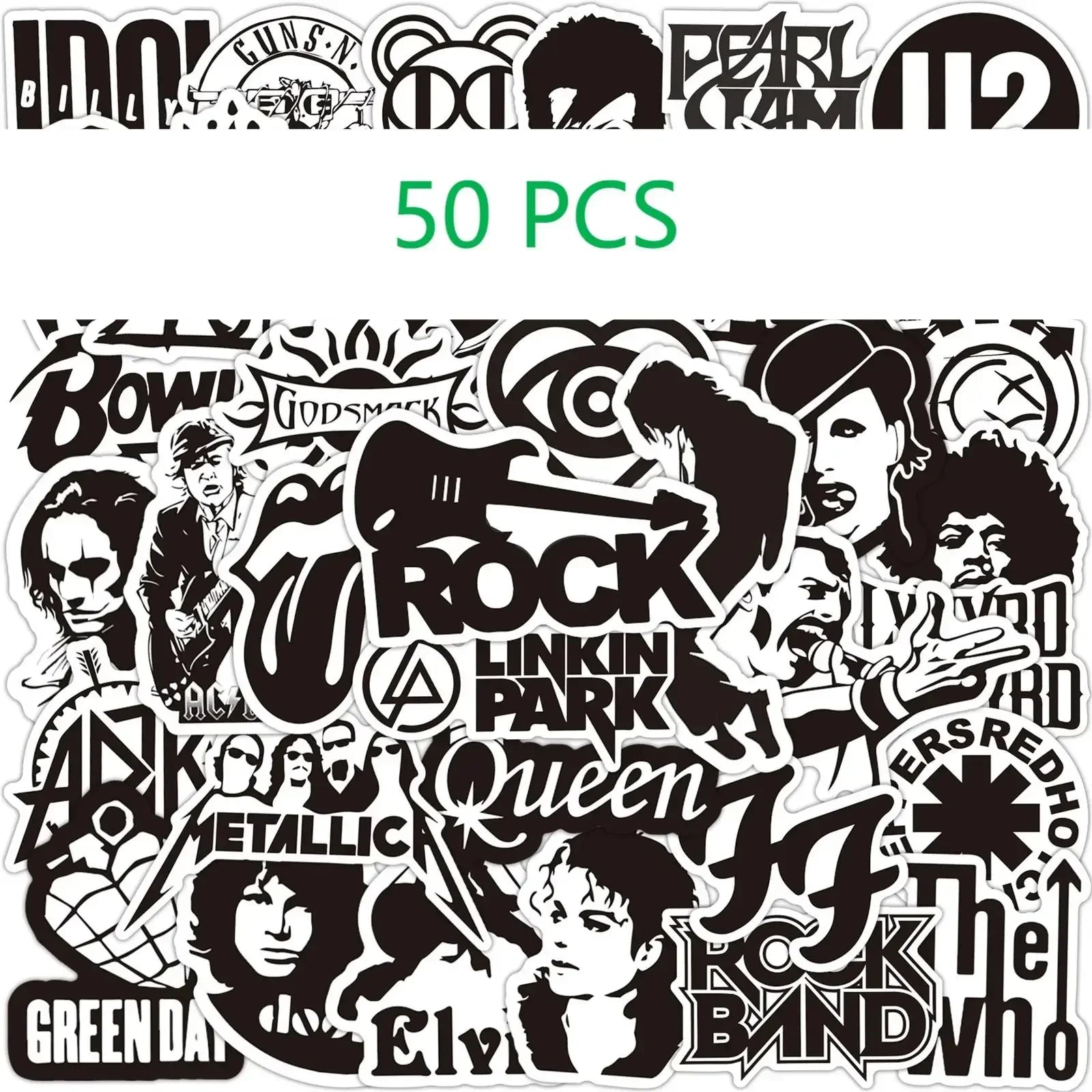 Set of 50 black and white rock music stickers featuring band logos for phone guitar motorcycle skateboard luggage 50pcs