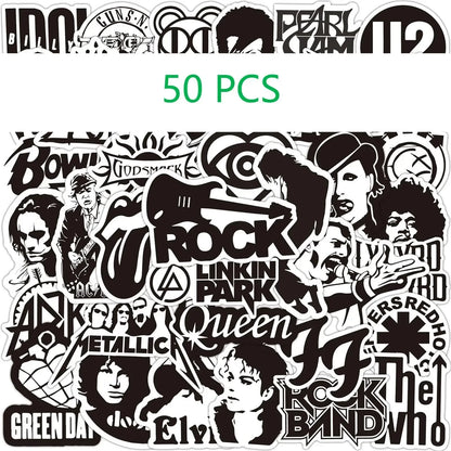Set of 50 black and white rock music stickers featuring band logos for phone guitar motorcycle skateboard luggage 50pcs
