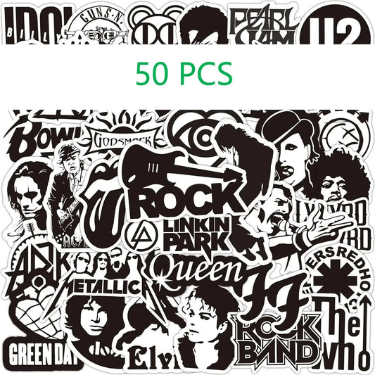 Set of 50 black and white rock music stickers featuring band logos for phone guitar motorcycle skateboard luggage 50pcs