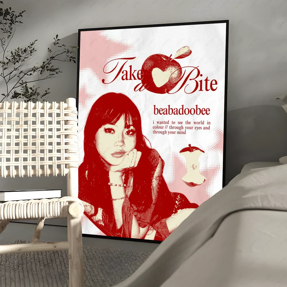 A framed modern graphic poster of a red and white beabadoobee illustration for living room wall art decor