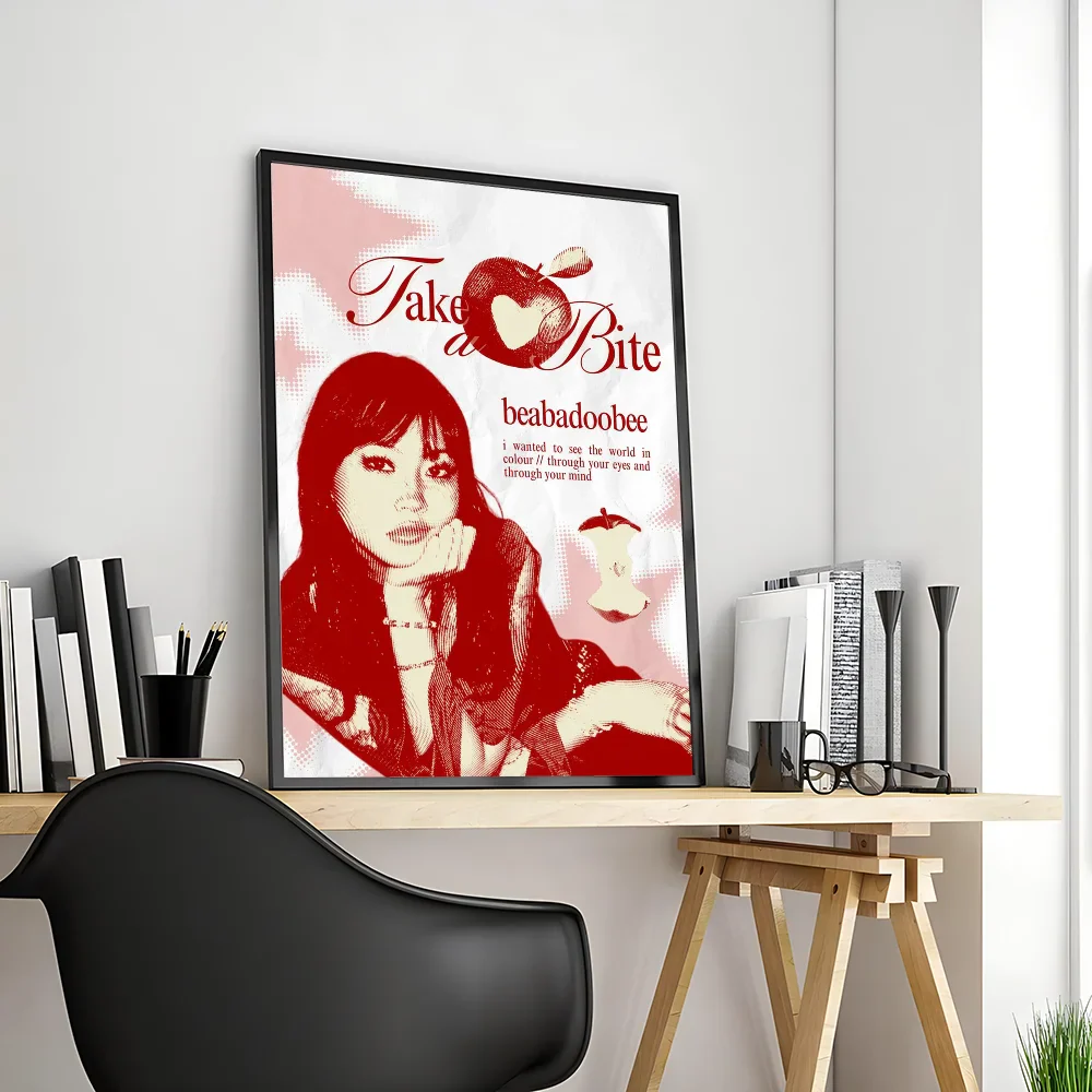 Red and white framed modern graphic poster of beabadoobee with take a bite text for living room wall art decor