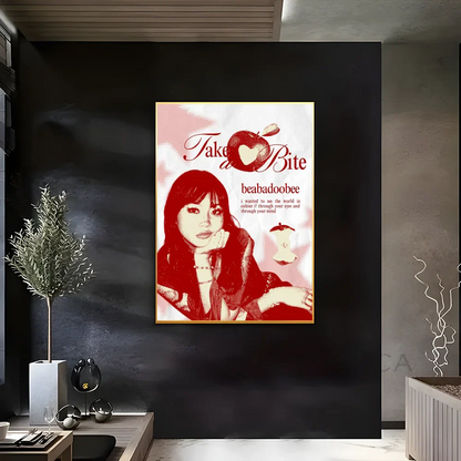 Red and white modern graphic poster of a woman with an apple and take a bite text for living room wall art