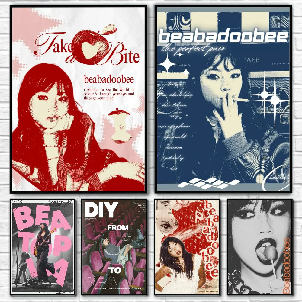 Set of six framed beabadoobee posters with modern graphic portraits in red black white and pink for living room decor
