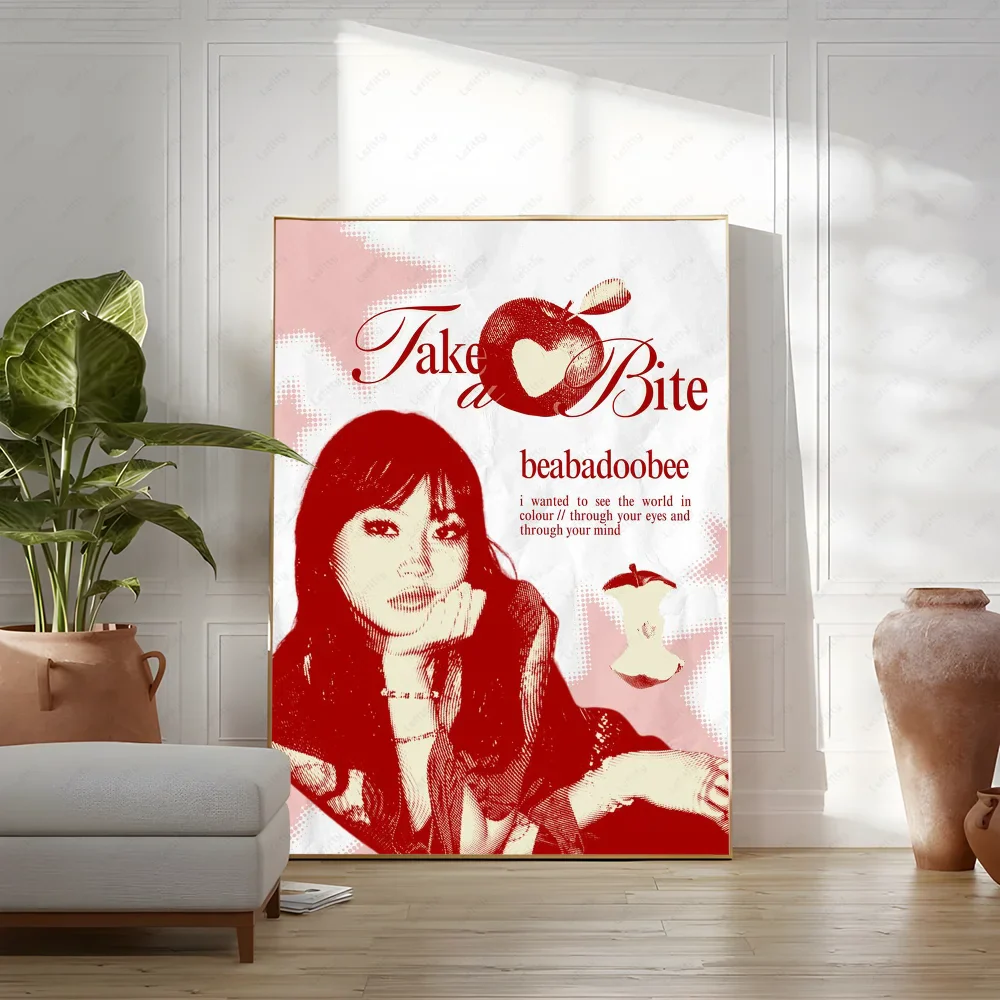 Red and white modern graphic poster of beabadoobee with apple design for living room wall art and garage decor