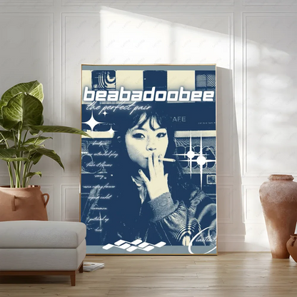 Blue and white framed modern graphic poster of beabadoobee for living room and garage room wall art decor