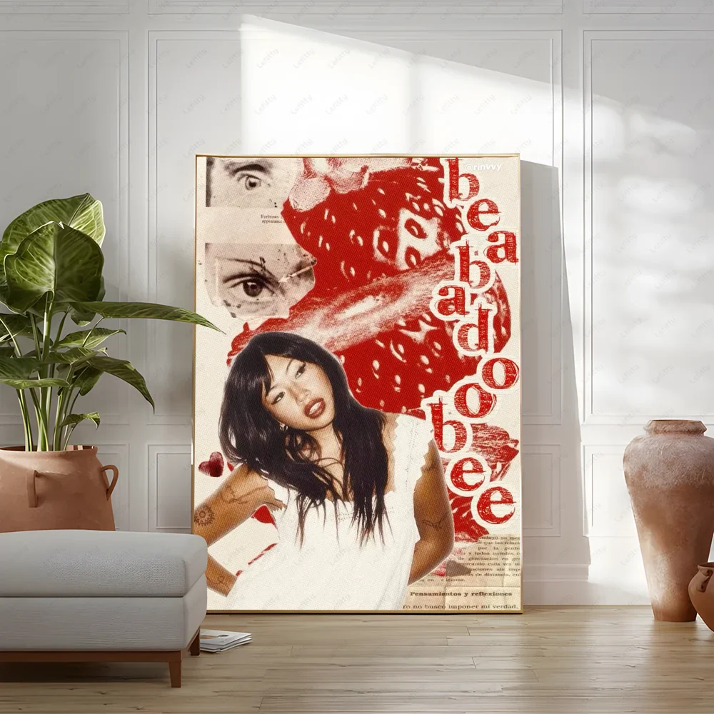 A framed modern graphic poster of beabadoobee with bold red strawberry design for living room wall art
