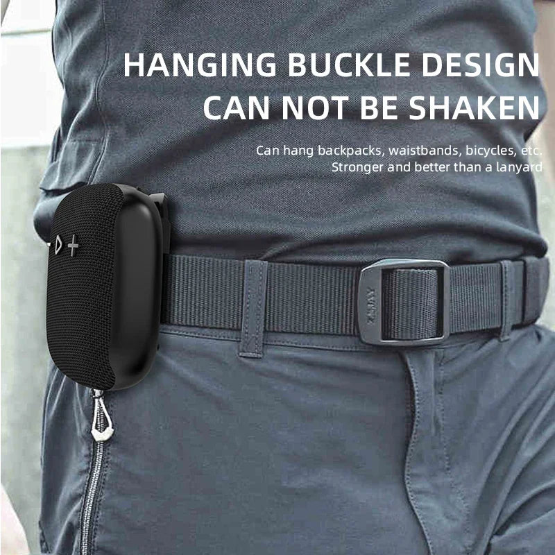 Black mesh-wrapped Rockmia ebs-027 mini Bluetooth speaker with silver zipper pull ipx4 waterproof shockproof design