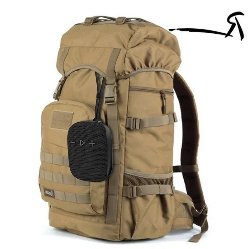Black Rockmia EBS-027 mini Bluetooth wireless speaker with textured surface mic IPX4 waterproof shockproof hanging on backpack