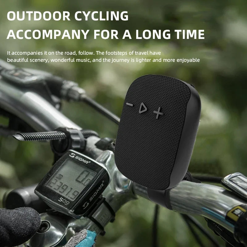 Black textured Rockmia EBS-027 mini Bluetooth speaker with mic ipx4 waterproof shockproof mounted on bicycle handlebar