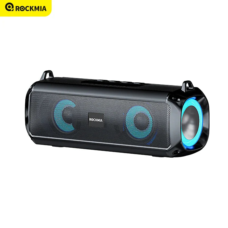 Black rockmia ebs-045 portable wireless music speaker with blue rgb led lights and convenient card shoulder strips