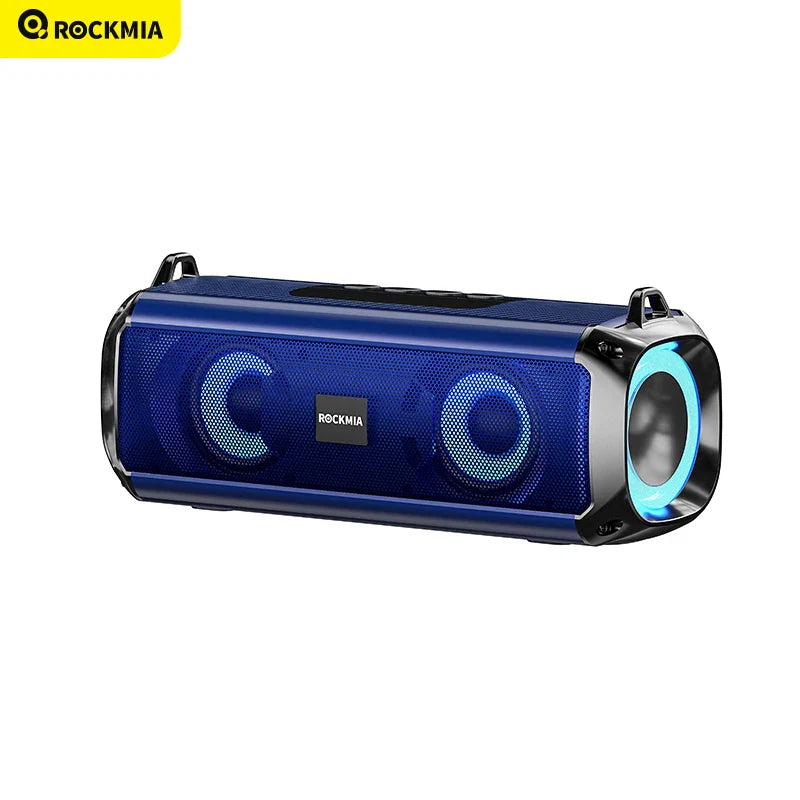 Blue Rockmia EBS-045 portable wireless music speaker with black accents, rgb led lights, and card shoulder strips