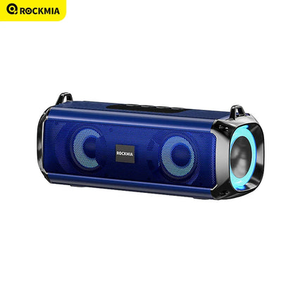 Blue Rockmia EBS-045 portable wireless music speaker with black accents, rgb led lights, and card shoulder strips