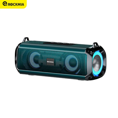 Teal and black rockmia ebs-045 portable wireless music speaker with rgb led lights and card shoulder strips