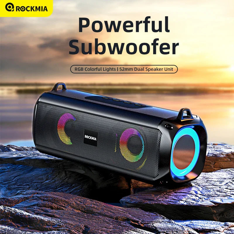 Black rockmia ebs-045 portable wireless music speaker with rgb led lights dual 52mm speakers and card shoulder strips