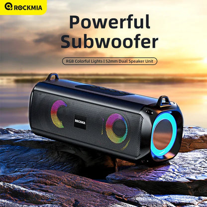 Black rockmia ebs-045 portable wireless music speaker with rgb led lights dual 52mm speakers and card shoulder strips