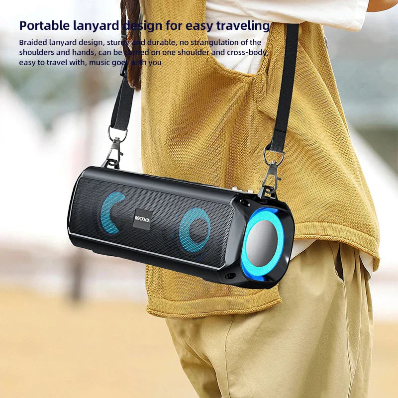 Black Rockmia EBS-045 portable wireless music speaker with rgb led lights blue accents and braided card shoulder strips