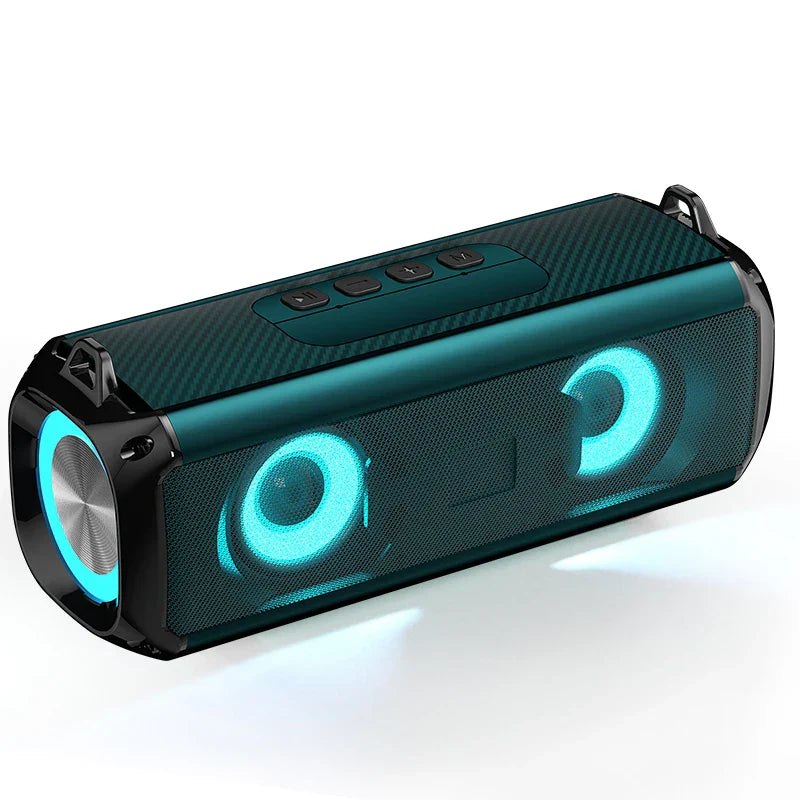Teal and black rockmia rgb speaker ebs-045 portable wireless music player with carbon fiber texture and soulder straps led
