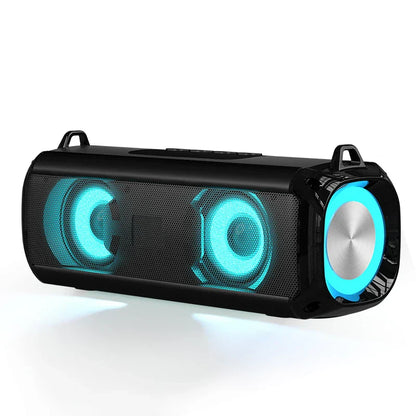 Black rockmia rgb speaker with glowing blue led lights, silver accent, and soulder straps led for choice portable wireless use