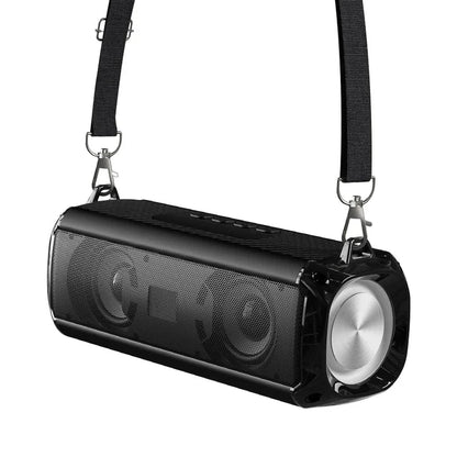 Black rockmia rgb speaker with silver accent and black fabric soulder straps led for choice portable wireless use