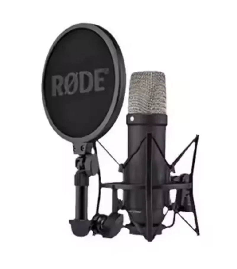 Black rode condenser microphone rodes nt1 5th with pop filter and shock mount for vocal recording dubbing and live radio broadcasting