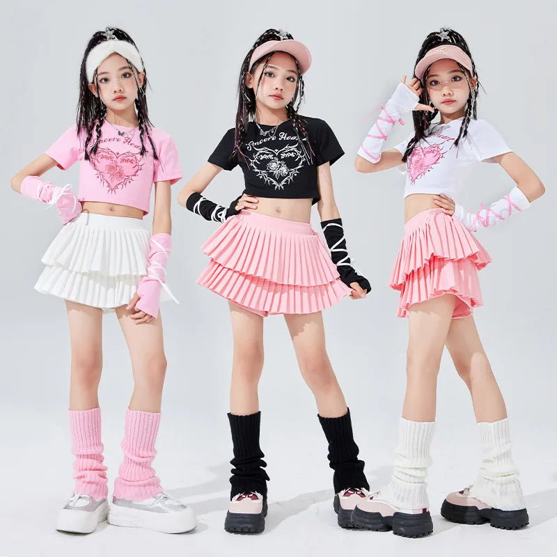 Pink plisada en capas minifalda with ruffled hem and matching crop top with estampado rosa mangas for girls hip hop wear